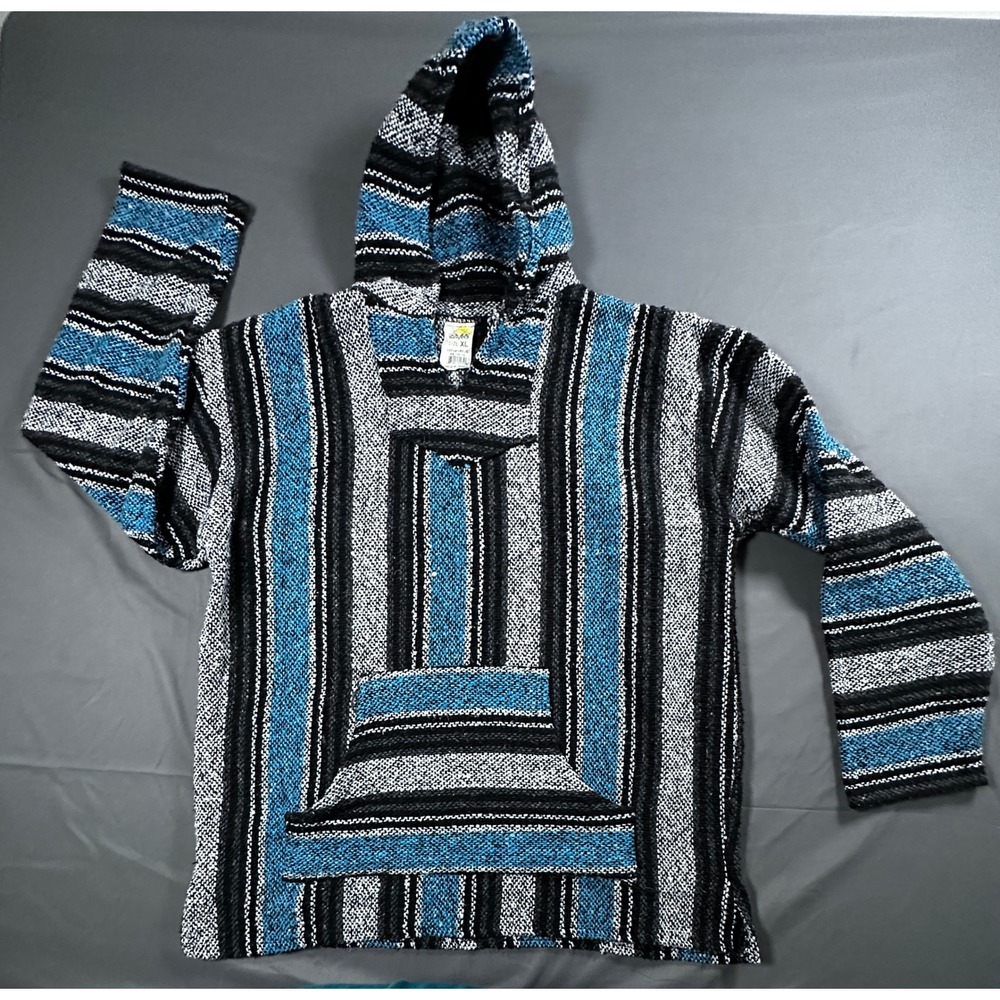 Sunspecs Baja Hoodie Men XL Blue Black White Stripe Mexican Poncho Pullover BoHo